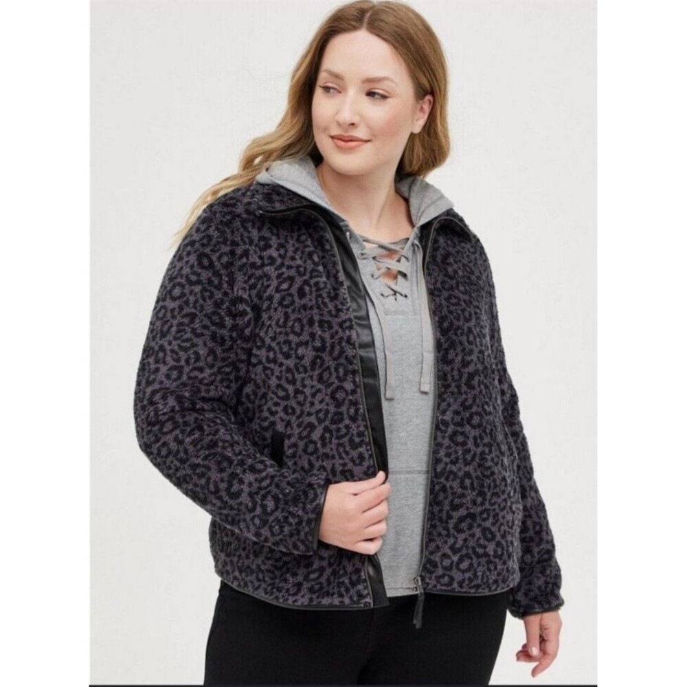 Torrid Gray Leopard Print Cozy Bear Sherpa Full Zip Jacket Plus Sz 00 Large 12
